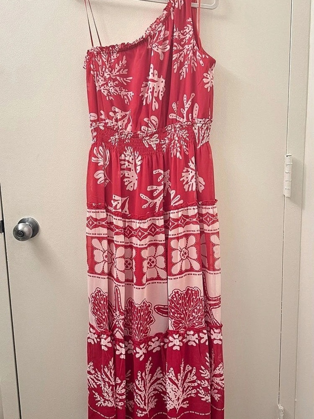 Taylor One-Shoulder Tiered Coral Reef Print Maxi Dress Red & White Size 10